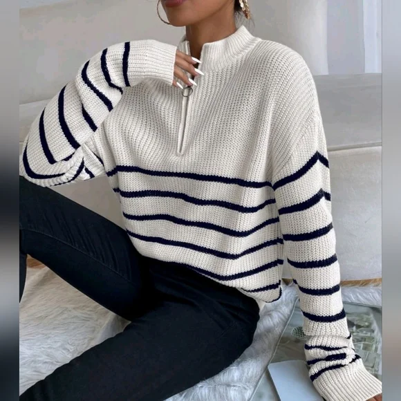 NEW Chic Zip Striped Oversized Knit Pullover Sweater Top White Black - Picture 6 of 8